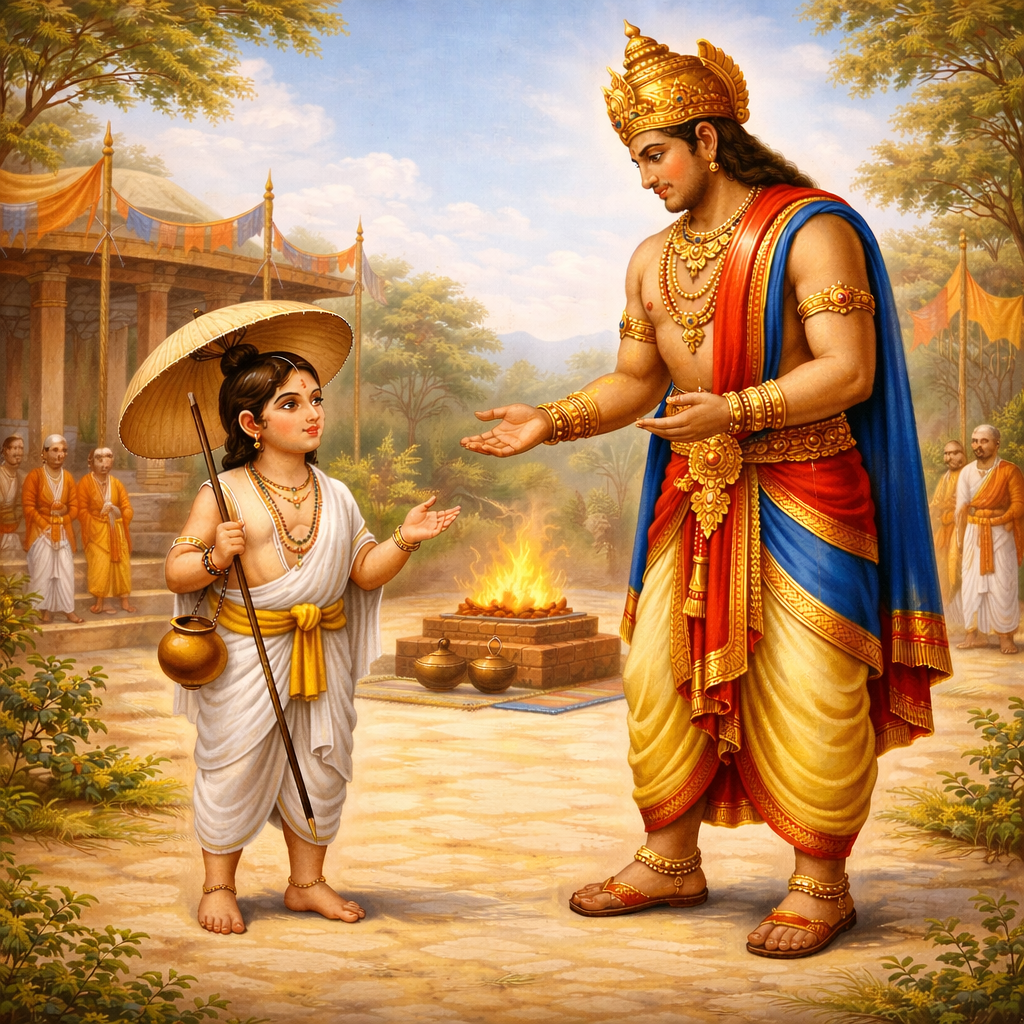 Ваманадева просит три шага земли у Бали Махараджа — Господь приходит в смирении